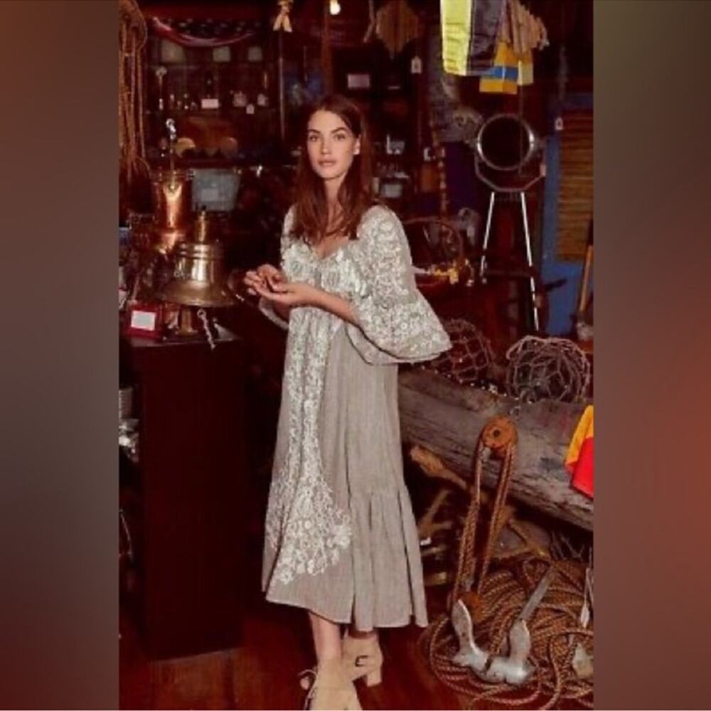 Anthropologie Maeve Tisdale Embroidered Gray Boho Tassels Midi Dress Size 4